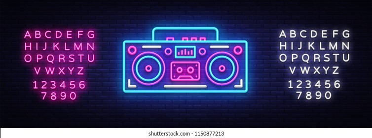 Tape recorder neon signboard vector. Retro Music neon glowing symbol, Retro Style 80-90s Light Banner, neon icon, design element. Vector illustration. Editing text neon sign