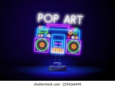 Vector de tablero de anuncios de neón grabador de cinta. Símbolo de brillante neón de música retro, Banner ligero de estilo retro 80-90s, icono de neón, elemento de diseño. Ilustración del vector