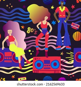 Tape recorder radio seamless pattern 80s illustration. Girl and boy music party