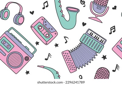  tape recorders, headphones and microphone seamless pattern. 