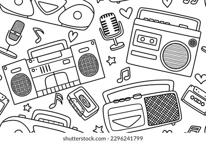  tape recorders, headphones and microphone seamless pattern. 