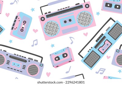  tape recorders, headphones and microphone seamless pattern. 