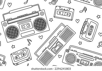  tape recorders, headphones and microphone seamless pattern. 