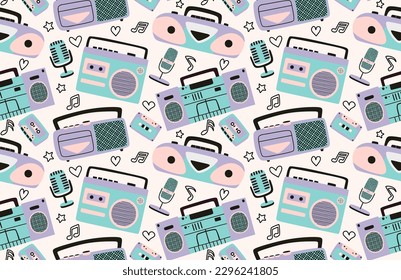  tape recorders, headphones and microphone seamless pattern. 