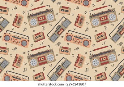  tape recorders, headphones and microphone seamless pattern. 