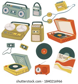 Tape recorders and magnetophones from past, vintage and retro stereo systems. Headphones and recording gadgets, audio with antenna. Cassettes portable loudspeakers, vector in flat style illustration