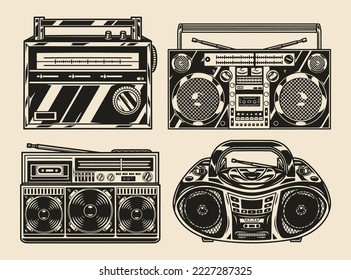 Tape recorders set vintage logotypes monochrome equipment with function of receiving radio signal or listening to audio tracks vector illustration