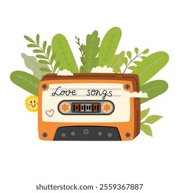 Сassette Tape with recording of love songs.Retro device with hand written and decorated with green leaves, smiley and clouds.Vector design composition isolated on white.Flat color illustration.