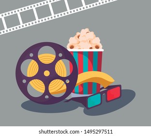 tape reel cinema with eyeglasses and popcorn