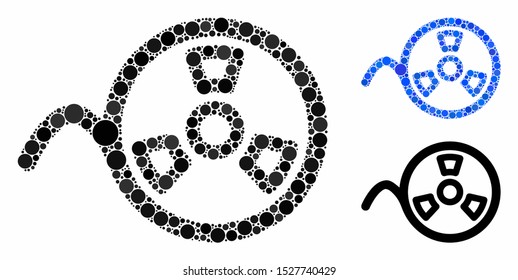 Tape reel composition of filled circles in different sizes and color tints, based on tape reel icon. Vector random circles are organized into blue collage.