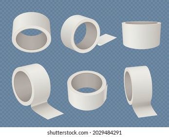 Tape roll. 3d mockup of white realistic office sticky round transparent tape decent vector collection set isolated