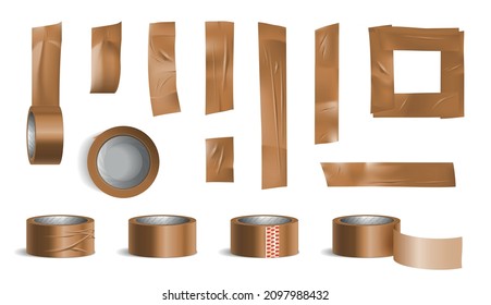 Tape roll bronze pieces realistic set with stationery symbols isolated vector illustration