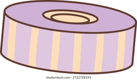 Rolo de fita com furo central e listras macias mostradas em um ângulo, contorno espesso e formas limpas. Símbolo de reparo, ofício, embalagem e utilitário, transportando conserto, junção. Ilustração de vetor de desenhos animados.