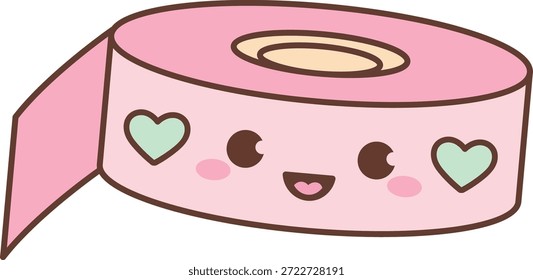 Rollo de cinta con cara, tira abierta, calcomanías de corazón, contorno audaz y Formas redondeadas. Símbolo de artesanía, scrapbooking, amor y positividad para la marca de papelería. Ilustración vectorial de dibujos animados.
