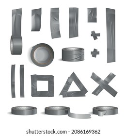 Tape roll pieces realistic set with stationery symbols isolated vector illustration