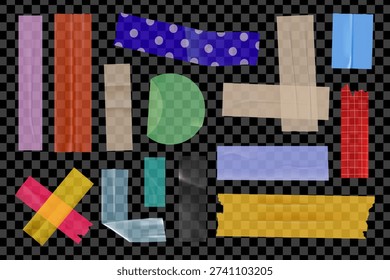 Tape stickers elements set design. Collection with colourful sticky scotch tapes with torn edges, transparent glued stripes and ribbons for scrapbook decoration and overlays. Vector illustration.
