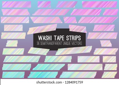 Tape Strips in Holographic Gradient Stripes Pattern. 36 Unique Isolated Vector Tape Slices with Torn Edges. Photo Sticker, Ad / Print / Web Layout Element, Clip Art, Scrapbook Embellishment