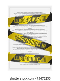 Tape with word warning !!! covered  page with text