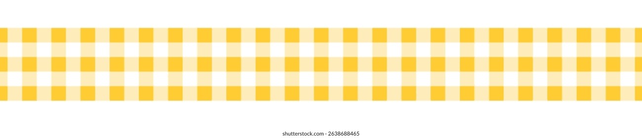 Tape with yellow gingham pattern. Border with checkered vichy print. Ribbon for autumn or Thanksgiving day gifts. Cotton, linen or flannel band isolated on white background. Vector flat illustration.