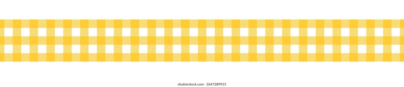 Tape with yellow gingham pattern. Border with vichy print. Ribbon for Halloween or Thanksgiving day present. Cotton, linen or flannel band isolated on white background. Vector flat illustration.