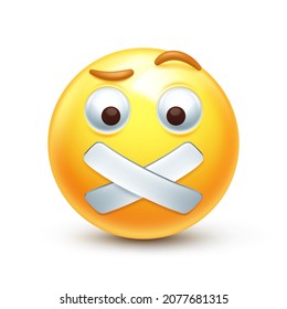 Taped mouth Emoji. Shut up, silent confused face with rised eyebrow and hold your tongue 3D stylized vector icon