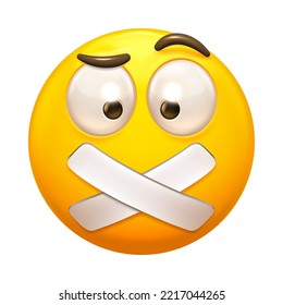 Taped mouth Emoji. Shut up, silent confused face with rised eyebrow and hold your tongue 3D vector icon