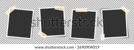 Taped photo frame mockup. Empty instant photo template. Photobooth frame. Four photos with sticky tape. Snapshot print for scrapbook design