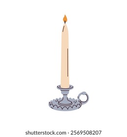 Taper candle in vintage candlestick. Silver metal candleholder, pillar holder in old retro style. Light decoration in chamberstick, base. Flat vector illustration isolated on white background