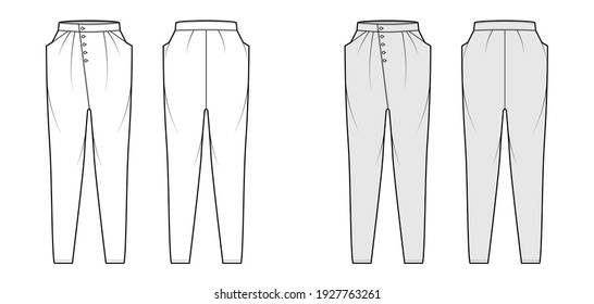 Tapered Baggy pants technical fashion illustration with low waist, rise, slash pockets, draping front, full lengths. Flat bottom apparel template back, white, grey color. Women, men, unisex CAD mockup