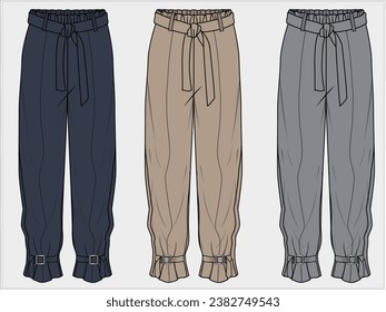 TAPERED CARROT FIT BOTTOM WITH SELF BELTED BUCKLE CUFF DETAIL TROUSER DESIGNED FOR WOMEN AND TEENS WEAR IN EDITABLE FILE