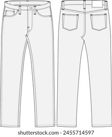 Tapered denim 5 pocket pant vector design template front and back