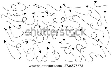 Tapered Ink Hand Drawn Curvy Arrow Collection - Sleek Doodle Pointers, Elegant Swirl Navigation Icons, and Wavy Directional Sketch Lines for Graphics
