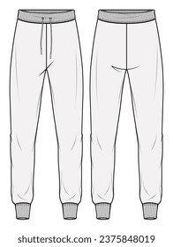 Tapered Jogger Pant, High Rib Hem Jogger  Front and Back View. Fashion Flat Sketch Vector Illustration, CAD, Technical Drawing, Flat Drawing, Template, Mockup.