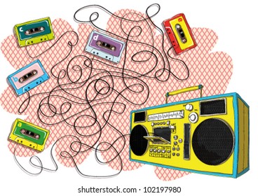 Tapes and Boom-box Maze Game Task: Find out which tape goes to tape recorder! Answer: Tape with letter d.