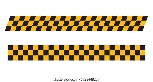 Bänder, Bänder oder Ränder mit kariertem Schwarz-Gelb-Druck in gerader und diagonaler Position. Polizei oder Taxi-Hintergrund. Muster mit wiederholten Quadraten. Flache Vektorgrafik.