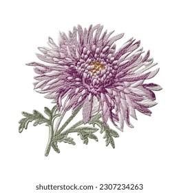 Tapestry 3d aster flower. Embroidery floral colorful vector pattern background illustration. Embroidered beautiful stitch textured flower. Stitching lines surface texture. Isolated design on white.