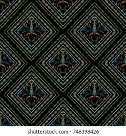 Tapestry Baroque seamless pattern. Vintage vector striped background. Abstract grunge wallpaper. Floral embroidery ornaments with embroidered flowers, leaves, stripes, rhombus figured frames.