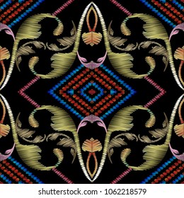 Tapestry Baroque style seamless pattern. Vector embroidery vintage flowers, leaves, scrolls, rhombus, frames, zigzag, lines, stripes. Antique floral grunge background. Embroidered abstract ornaments. 