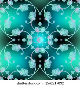 Tapestry Baroque style textured vector seamless pattern. Colorful glowing background. Abstract repeat grunge backdrop. Vintage embroidered blue flowers, leaves, zigzag stitching, grungy lines, shapes.