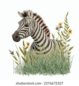 Tapestry cartoon standing zebra with mane. Textured tropical vector white background illustration with striped zebra horse, green grass, flowers, leaves. Grunge surface embroidered texture. Wildlife. 