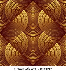Tapestry circles geometric seamless pattern. Embroidery grunge vector background. Golden 3d wallpaper. Doodle hatching geometrical circles, rhombus ornaments. Embroidery design. 