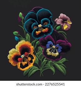 Tapestry colorful 3d pansies flowers. Embroidered pansy flowers, leaves. Embroidery floral background illustration. Beautiful stitch textured bright flowers. Stitching lines surface texture. Vector.