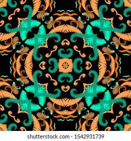 Tapestry colorful abstract seamless pattern. Embroidery ornamental vector background. Ethnic grunge paisley flowers, shapes. Textured  fabric pattern.  Patterned ornate embroidered carpet ornaments.