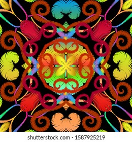 Tapestry colorful abstract seamless pattern. Embroidery ornamental vector background. Ethnic grunge paisley flowers, shapes. Textured arabesque fabric pattern.  Patterned ornate embroidered ornaments.