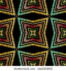 Tapestry colorful abstract seamless pattern. Embroidery ornamental vector background. Ethnic grunge abstract shapes, stripes. Textured geometric fabric pattern. Patterned tribal embroidered ornament.