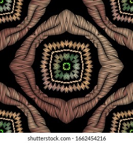 Tapestry colorful abstract seamless pattern. Embroidery ornamental vector background. Ethnic grunge zigzag lines, stripes. Textured geometric fabric pattern. Patterned tribal embroidered ornament.