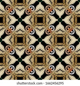 Tapestry bunt abstrakte nahtlose Muster. Stickereier Hintergrund der Vektorillustration. Ethnische Grunge abstrakte Blumen, Formen. Texturierte geometrische Stoffmuster.  Geschmückter Zierstich.