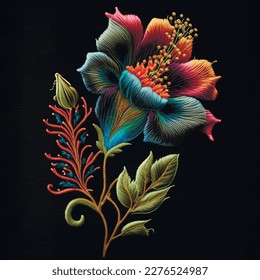 Tapestry colorful flower. Embroidered exotic flower, leaves. Embroidery floral modern background illustration. Tropical abstract stitch textured bright flower. Stitching lines surface texture. Vector.