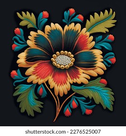 Tapestry colorful flower. Embroidered stitch lines flower, leaves. Embroidery floral background illustration. Beautiful abstract stitch textured bright flower. Stitching surface texture. Vector.