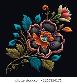 Tapestry colorful flowers, branch, leaves pattern. Embroidery floral vector illustration with beautiful stitch textured flower. Stitching lines surface embroidered texture. For applique, ptint, design